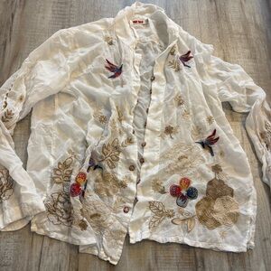 Johnny Was Tokyo Blossom Blouse White Embroidered Small